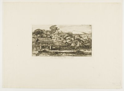 Bennszülött pajták és kunyhók Akaroa-ban, Banks-félsziget, 1845 alkotó: Charles Meryon