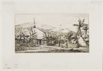 Új-Kaledónia: Nagy bennszülöttkunyhó a Balade-Puépo felé vezető úton, 1845 alkotó: Charles Meryon
