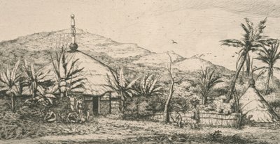 Új-Kaledónia, Új-Kaledónia: nagy bennszülött kunyhó a Poepo felé vezető sétányon, illusztráció az "Etching of the Pacific..." című filmből, 1863 alkotó: Charles Meryon