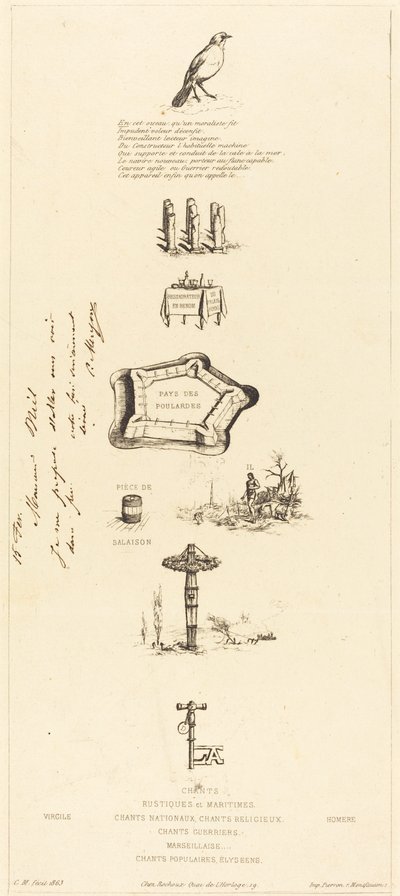 Rebus: "Beranger nem volt igazán erős, mert soha nem volt nála a mezők kulcsa" (Rebus: "Beranger nem volt igazán erős, mert soha nem volt nála a mezők kulcsa") alkotó: Charles Meryon