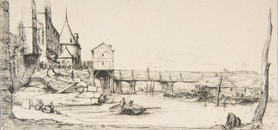 A párizsi Pont-au-Change-ot ideiglenesen felváltó gyaloghíd az 1621-es tűzvész után, af..., 1860. alkotó: Charles Meryon
