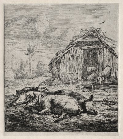 Három disznó hever egy büfé előtt, 1850. alkotó: Charles Meryon