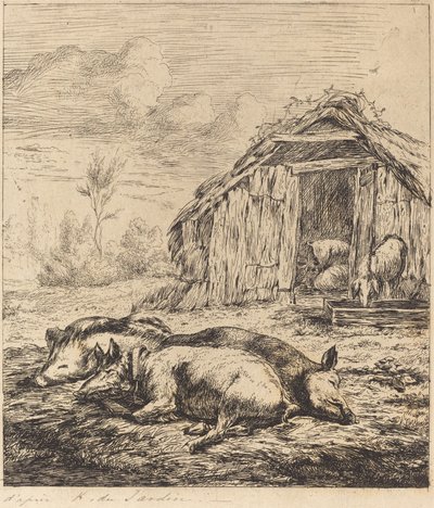 A három disznó az istálló előtt hever (három disznó hever az istálló előtt) alkotó: Charles Meryon after Karel Dujardin