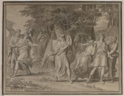 Telemachus, mentor ösztönzésével, elhagyja Calypso szigetét alkotó: Charles Meynier