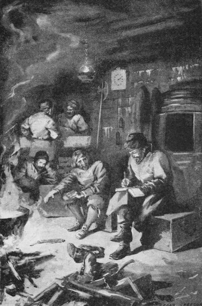 William Barents naplót ír, miközben a telet egy kunyhóban tölti a Nova Zembla-n (litho) alkotó: Charles Mills (after) Sheldon