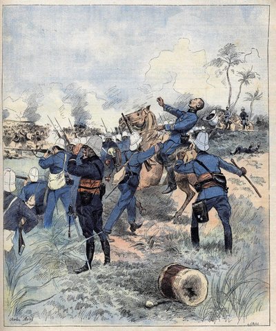 Faurax parancsnok 1892. szeptember 19-én a Dogba-i csatában halt meg Dahomeyben (ma Benin) az 1892-es aquerelle de Morel után. alkotó: Charles Morel