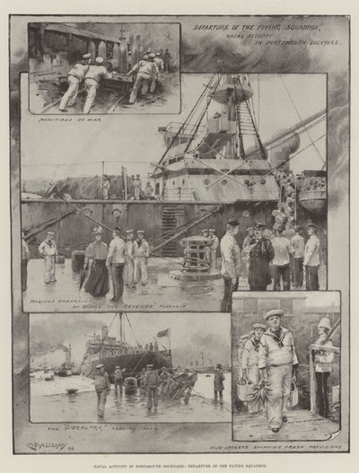 Haditengerészeti tevékenység a portsmouthi kikötőben, a repülőszázad távozása (litho) alkotó: Charles Murray (after) Padday