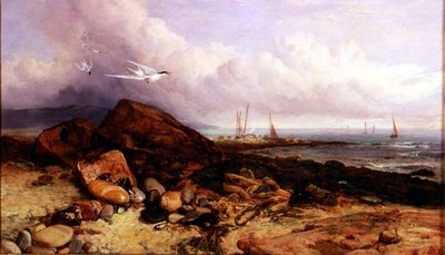 Partmenti jelenet horgászcsónakkal és csérekkel alkotó: Charles Napier Hemy