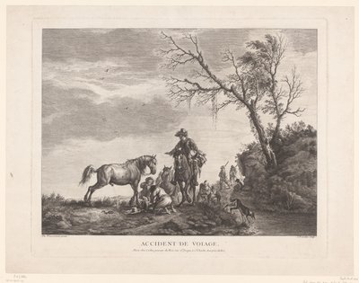 Utazók megállás közben Baleset az utazás során. (cím a tárgyon) alkotó: Charles Nicolas Cochin (II)