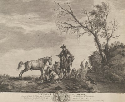 Baleset utazás közben, egy térdelő férfi törött nyerget javít, egy ló pisizik a ...-ra, 1740-50. alkotó: Charles Nicolas Cochin