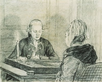 Egy ülő pár, a hölgy hátulról nézve, gyertyafényben backgammont játszik alkotó: Charles Nicolas II Cochin