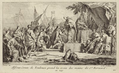 I. Alfons, Toulouse grófja átveszi a keresztet Clairvaux-i Bernard kezéből, megfogadva, hogy csatlakozik a második keresztes hadjárathoz alkotó: Charles Nicolas II Cochin