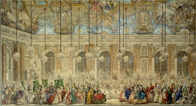 Bálmaszkot vagy Ifs labdát ajándékoz a francia Louis Dauphin (1729-1765) és a spanyol Marie Therese (Marie-Therese) esküvőjére a versailles-i Glace Galériában 1745 februárjában Charles Nicolas Cochin rajza tollal és tussal Jeune (1715-1790) alkotó: Charles Nicolas II Cochin