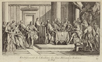 Az Academie des Jeux Floraux, a nyugati világ legrégebbi irodalmi társaságának megalapítása Toulouse-ban, Franciaországban alkotó: Charles Nicolas II Cochin