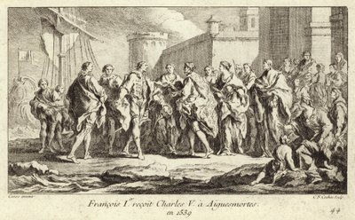 I. Ferenc francia király fogadja V. Károly császárt Aigues-Mortes-ban alkotó: Charles Nicolas II Cochin