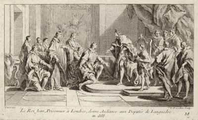 János francia király, angol fogságban Londonban, audienciát ad egy languedoci küldöttségnek alkotó: Charles Nicolas II Cochin