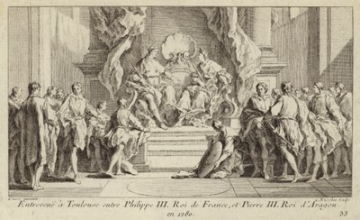 III. Fülöp francia király és III. Péter aragóniai király találkozója Toulouse-ban. alkotó: Charles Nicolas II Cochin