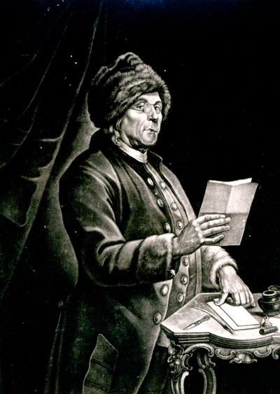 Benjamin Franklin portréja, 1777 (litográfia) (fekete-fehér fotó) alkotó: Charles Nicolas II Cochin