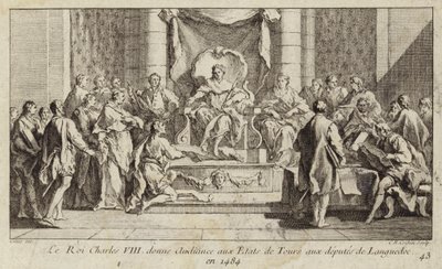 VIII. Károly francia meghallgatást tart Languedoc képviselőinek a Tours-i Estates Generalen alkotó: Charles Nicolas II Cochin