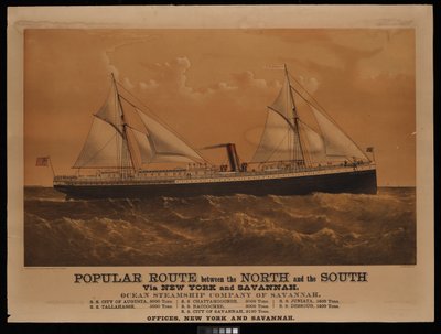 Népszerű útvonal Észak és Dél között New Yorkon és Savannah-n keresztül, a Savannah-i Ocean Steamship Company... Augusta városa... (litográfia, színes) alkotó: Charles Parsons