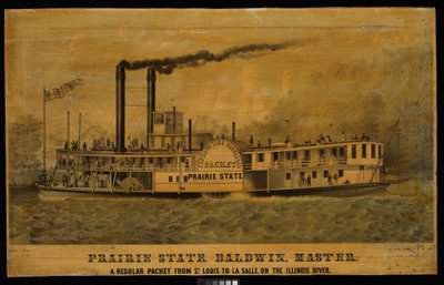 Préri állam. Baldwin, mester. Egy menetrend szerinti hajójárat St. Louisból La Salle-ba, az Illinois folyón (litográfia, színes). alkotó: Charles Parsons