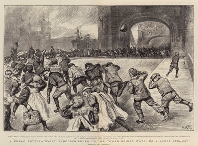 Olcsó szórakozás, iskolások a Tower Bridge-en, akik egy nagy gőzhajót néznek alkotó: Charles Paul Renouard