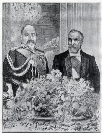 Szívélyes: Emile Loubet francia elnök londoni látogatása – a bankett a francia nagykövetségen – VII. Edward király és Loubet – Paul Renouard a The Graphic című újság számára készített. 1903. július. alkotó: Charles Paul Renouard