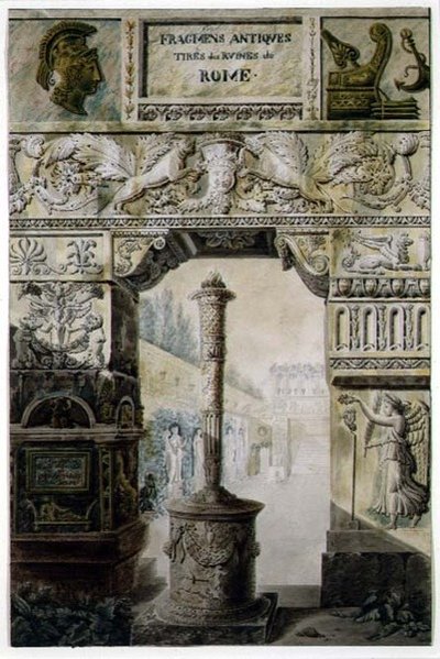 Antik töredékek az ókori Rómából, Charles Percier és Francois Leonard Fontaine (1762-1853) kocsma „Paloták, házak és egyéb modern épületek, rajzok Rómában” címlapjának terve. Párizs alkotó: Charles Percier