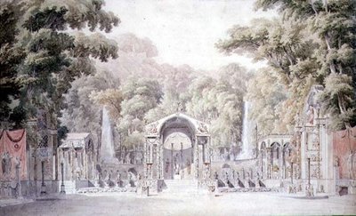 Színpadi díszlet Vénusz templomával egy erdős kertben Gretry „Anakreon” című művéhez alkotó: Charles Percier