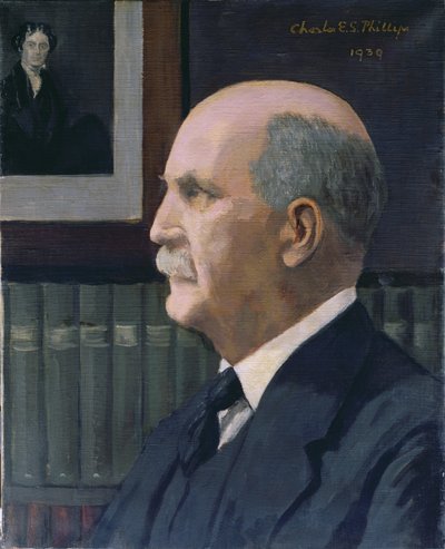 William Henry Bragg (1862-1942) Michael Faraday (1791-1867) képével a háttérben, 1939 alkotó: Charles Phillips