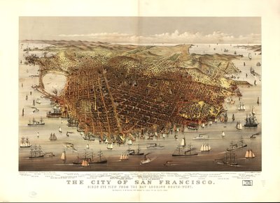 San Francisco városa. Madártávlatból az öböl felől délnyugati irányban. alkotó: Charles R. Parsons