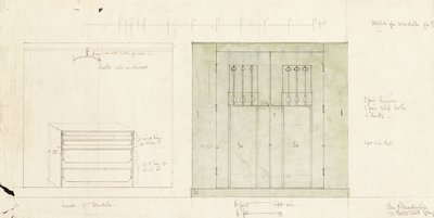 Szekrény dizájn, elülső és belső nézetben, 1899-1900 körül (ceruza, akvarell) alkotó: Charles Rennie Mackintosh