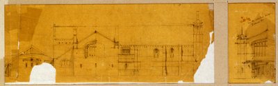 Egy templom homlokzatának rajza felülnézetben, valamint a templom bejáratának melléktervje, 1895-99 körül alkotó: Charles Rennie Mackintosh
