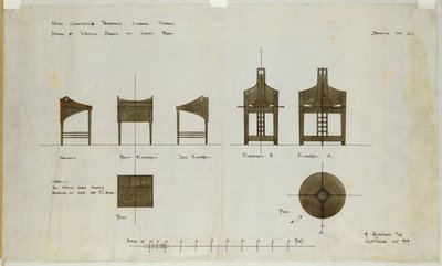 Íróasztal-tervek elöl és oldalsó nézetben, az Ingram Street Tea Roomshoz, 1909 alkotó: Charles Rennie Mackintosh