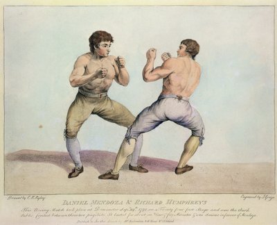 Bokszmeccs Daniel Mendoza és Richard Humphreys között, 1790. szeptember 29. (kézzel színes rézkarc) alkotó: Charles Reuben Ryley