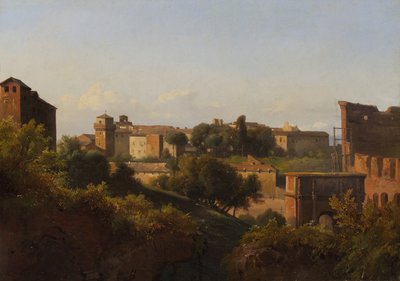 Kilátás a Colosseumra és Konstantin diadalívére a Palatinus felől, kb. 1822-24. alkotó: Charles Rémond
