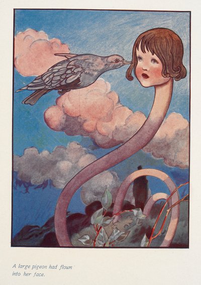 Egy nagy galamb repült az arcába.
Alice hosszú nyakkal. alkotó: Charles Robinson