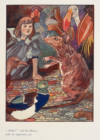 "Ahem - mondta az egér fontoskodóan.
Alice egy egérrel és más állatokkal. alkotó: Charles Robinson