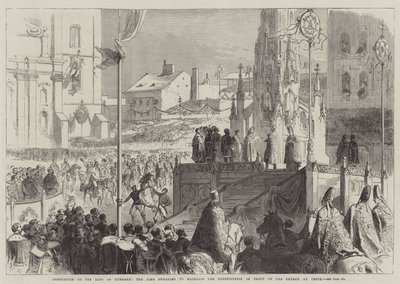 Magyar király megkoronázása, az alkotmány fenntartására esküdt király a pesti templom előtt alkotó: Sir John Charles Robinson