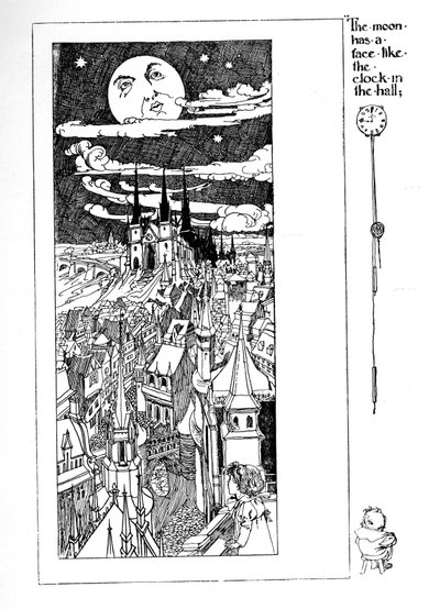 „A Holdnak olyan arca van, mint az órának a teremben”, illusztráció Robert Louis Stevenson „A gyermek versek kertje” című művéből, 1896 alkotó: Sir John Charles Robinson