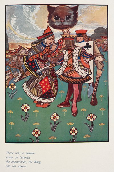 A hóhér, a király és a királyné között vita alakult ki.
A cheshire-i macska nézte. alkotó: Charles Robinson
