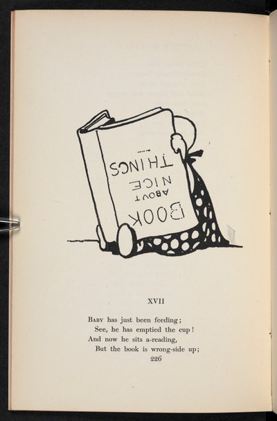 XVII.
Egy rím. Egy gyermek fejjel lefelé olvas egy könyvet. alkotó: Charles Robinson