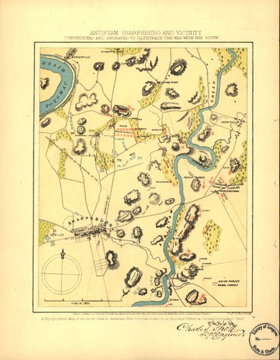 Antietam Sharpsburg és környéke. Készült és metszett "A háború a Déllel" című könyv illusztrálására LOC 99447381 alkotó: Charles Sholl