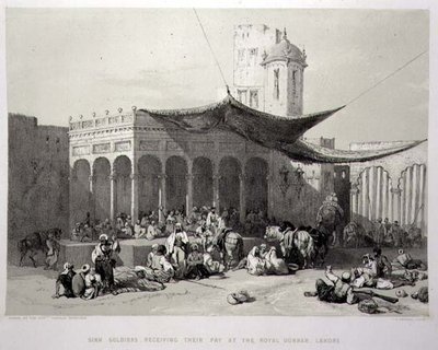 Panjab: A szikh katonák fizetésüket a Royal Durbarban, Lahore, 12. tábla az „India visszaemlékezéseiből”, James Duffield Harding (1798-1863) metszet, 1847 (litho) alkotó: Charles Stewart (after) Hardinge