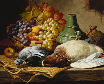 Tőkés réce és erdei galamb egy kosár almával és szőlővel egy fa párkányon, alkotó: Charles Thomas Bale