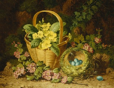 Primula a kosárban, Japonica és egy madárfészek, alkotó: Charles Thomas Bale