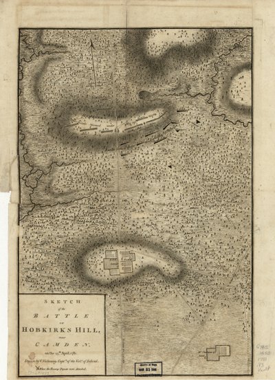 Vázlat a Hobkirks Hill-i csatáról, Camden közelében, 1781. április 25-én, közzétéve Londonban, 1794 alkotó: Charles Vallancey