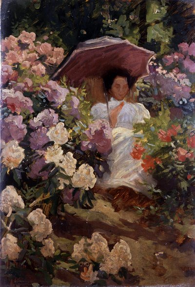 Lány napernyővel. Fiatal lány napernyővel egy virágzó kertben. Charles Wellington Furse (1868-1904 angol) festménye Magántulajdon. alkotó: Charles Wellington Furse