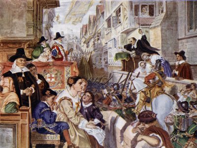 London katonái a parlamenti oldalon fognak harcolni I. Károly király ellen az angol polgárháborúban (színes litho) alkotó: Charles West (after) Cope