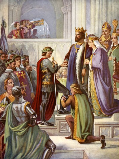 A Fekete Herceg beavatása harisnyakötő lovagként (színes litó) alkotó: Charles West (after) Cope